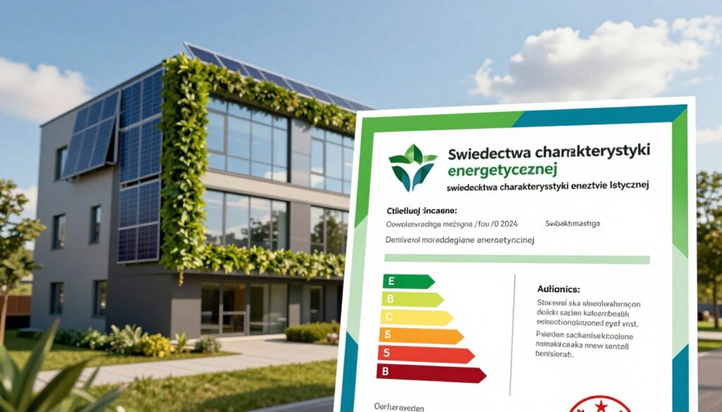 A detailed illustration of an energy performance certificate, or "świadectwa charakterystyki energetycznej," prominently displayed in the foreground. The certificate, featuring distinct sections such as energy class labels, and bordered by green and blue tones, symbolizes energy efficiency. In the middle ground, a modern building reflecting eco-friendly architecture, such as solar panels and lush greenery surrounding it, emphasizes the subject of energy certifications. The background showcases a clear blue sky with a few fluffy clouds for a serene atmosphere. Lighting is warm and natural, highlighting the details of the certificate and the building while creating a sense of clarity and professionalism. The image conveys a mood of sustainability and compliance with legal standards in architecture. A detailed illustration of an energy performance certificate, or "świadectwa charakterystyki energetycznej," prominently displayed in the foreground. The certificate, featuring distinct sections such as energy class labels, and bordered by green and blue tones, symbolizes energy efficiency. In the middle ground, a modern building reflecting eco-friendly architecture, such as solar panels and lush greenery surrounding it, emphasizes the subject of energy certifications. The background showcases a clear blue sky with a few fluffy clouds for a serene atmosphere. Lighting is warm and natural, highlighting the details of the certificate and the building while creating a sense of clarity and professionalism. The image conveys a mood of sustainability and compliance with legal standards in architecture.