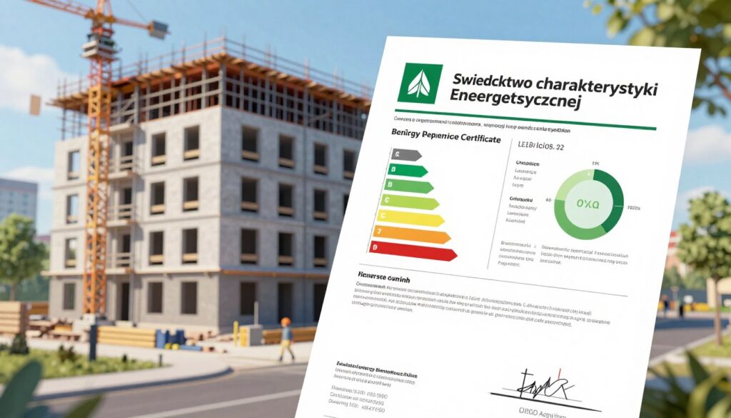 A detailed illustration of an energy performance certificate (świadectwo charakterystyki energetycznej) prominently displayed in the foreground. The certificate features graphical elements such as energy efficiency ratings, colorful charts, and a clear layout with highlighted sections. In the middle ground, a modern building under construction is visible, showcasing scaffolding and safety equipment. The background includes a serene urban landscape with trees and blue skies, enhancing the sense of professionalism. Soft natural lighting illuminates the scene, creating a bright and hopeful atmosphere. The angle should capture the fluid connection between the certificate and the building, symbolizing compliance and responsibility in energy efficiency. The overall mood is informative and encouraging, reflecting the importance of energy certification.