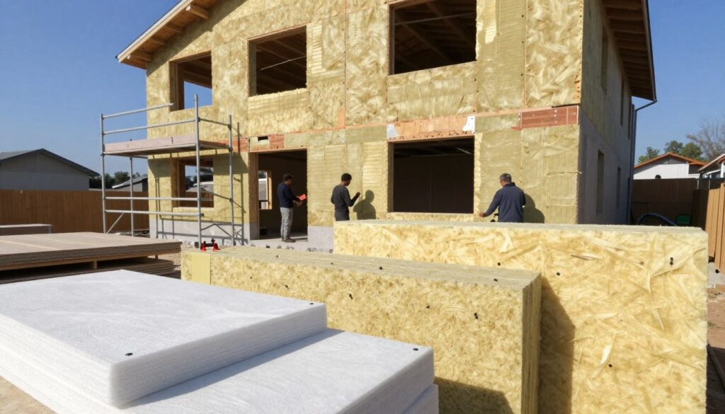 A detailed illustration of various methods for attaching insulation boards to walls, showcasing different installation techniques. In the foreground, display multiple types of insulation boards - polystyrene and mineral wool - with visible adhesive and mechanical fasteners like dowels. The middle ground features a partially completed house wall with scaffolding around, demonstrating professional workers in modest casual clothing applying the boards. In the background, show a clear blue sky, suggesting an outdoor construction setting. The lighting is bright and natural, enhancing the textures of the materials. Capture the scene from a slightly elevated angle, highlighting the process and showcasing a careful, precise installation atmosphere, emphasizing professionalism and craftsmanship in home insulation.