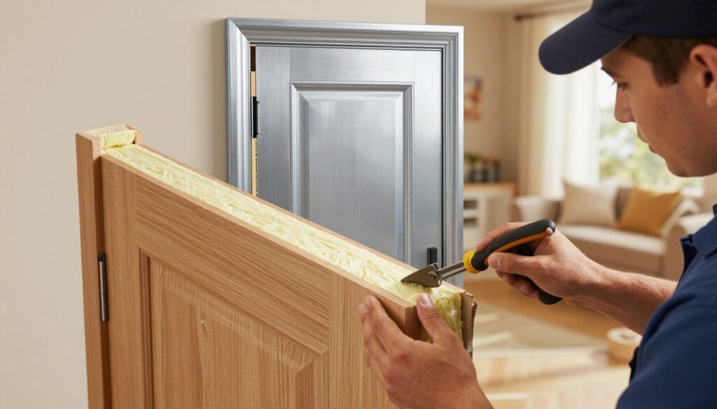 A detailed illustration of wooden and metal interior doors undergoing insulation improvements. In the foreground, showcase a skilled craftsman applying insulation materials to a wooden door, highlighting textures and tools used in the process. In the middle ground, depict a metal door with modern insulation techniques being explained, showing cross-sections of the door for clarity. The background should include elements of a cozy, well-lit room, with warm lighting creating an inviting atmosphere. The angle should be slightly elevated to capture the details of both door types clearly. Emphasize a professional mood, focusing on the craftsmanship and attention to detail needed for effective insulation. The image should be free of any text or branding, focusing solely on the techniques and materials involved in door insulation.
