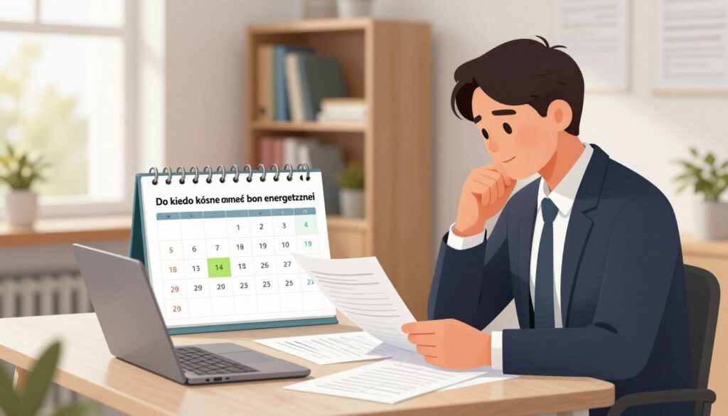A detailed illustration representing the concept of "Do kiedy można składać bon energetyczny". In the foreground, a professional-looking individual, dressed in business attire, sits at a modern desk covered with paperwork and a laptop, deep in thought while reviewing documents. In the middle ground, a calendar with highlighted dates and a checklist is visibly placed on the desk, emphasizing deadlines and application processes. The background features a softly lit office environment with bookshelves filled with reference materials and a window showing a bright, sunny day, adding an optimistic atmosphere. Warm, natural lighting illuminates the scene from the left, creating a welcoming and focused mood suitable for understanding important energy voucher application information.
