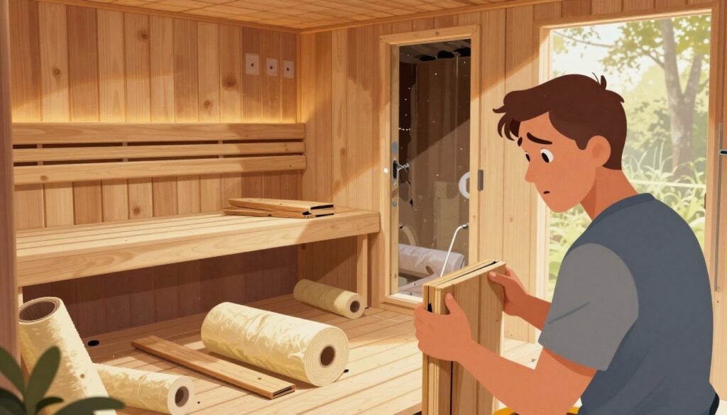 A detailed illustration showing common mistakes in sauna construction. In the foreground, depict a confused builder examining a poorly insulated sauna, with visible gaps in the wood and incomplete sealing. In the middle ground, showcase several building materials, such as incorrect wood types and mismatched insulation rolls scattered around. In the background, illustrate an unfinished sauna structure with signs of water damage, emphasizing problems like moisture accumulation. The lighting is warm and natural, reminiscent of sunlight filtering through trees, creating a slightly cluttered yet informative atmosphere. Use a slightly elevated angle for a comprehensive view of the construction errors, ensuring clarity without any text or human figures. The scene should convey a sense of caution for aspiring builders, highlighting critical missteps in a constructive way. A detailed illustration showing common mistakes in sauna construction. In the foreground, depict a confused builder examining a poorly insulated sauna, with visible gaps in the wood and incomplete sealing. In the middle ground, showcase several building materials, such as incorrect wood types and mismatched insulation rolls scattered around. In the background, illustrate an unfinished sauna structure with signs of water damage, emphasizing problems like moisture accumulation. The lighting is warm and natural, reminiscent of sunlight filtering through trees, creating a slightly cluttered yet informative atmosphere. Use a slightly elevated angle for a comprehensive view of the construction errors, ensuring clarity without any text or human figures. The scene should convey a sense of caution for aspiring builders, highlighting critical missteps in a constructive way.