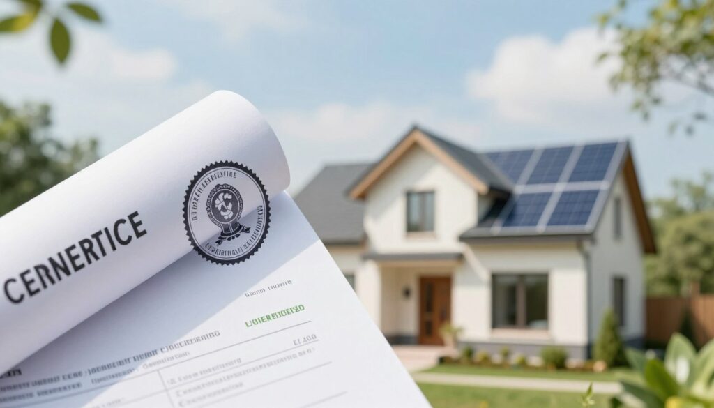 A detailed image of an energy certificate, showcasing its importance in the context of property ownership. In the foreground, a partially unrolled certificate with an official stamp—highlighting the security and authenticity of the document. In the middle ground, a modern home surrounded by greenery, symbolizing energy efficiency and sustainability. In the background, a bright sky suggests a positive future with renewable energy. Soft, natural lighting enhances the inviting atmosphere of the scene, while a slightly blurred focus on the background signifies depth. This composition depicts the subject of energy certification and its exceptions, creating a professional yet approachable visual narrative without any text or watermarks. A detailed image of an energy certificate, showcasing its importance in the context of property ownership. In the foreground, a partially unrolled certificate with an official stamp—highlighting the security and authenticity of the document. In the middle ground, a modern home surrounded by greenery, symbolizing energy efficiency and sustainability. In the background, a bright sky suggests a positive future with renewable energy. Soft, natural lighting enhances the inviting atmosphere of the scene, while a slightly blurred focus on the background signifies depth. This composition depicts the subject of energy certification and its exceptions, creating a professional yet approachable visual narrative without any text or watermarks.