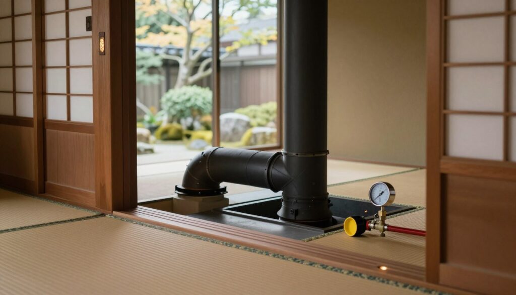A detailed interior scene showcasing a traditional Japanese "kominka" with a focus on the connection between a ventilation flue and a chimney. In the foreground, intricately designed wooden beams and tatami mats are visible, with a subtle glow from a small, decorative light fixture. The middle ground captures the flue and chimney system, exhibiting their secure and safe connection, with tools like a pressure gauge and a smoke tester placed nearby to highlight the verification aspect. In the background, sliding shoji doors lead to a serene garden, softly illuminated by natural light filtering through the trees. The mood is calm and professional, conveying a sense of meticulous craftsmanship and safety in installation.