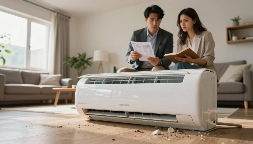 A detailed interior view of a modern home with a focus on a central air conditioning unit, showcasing potential drawbacks of HVAC systems. In the foreground, a close-up of the air conditioning unit reveals dust and clutter around its base, indicating maintenance issues. The middle ground features a couple dressed in professional attire, observing the unit with concerned expressions, as they hold an energy bill and a notebook. In the background, warm natural light pours through a window, illuminating the cozy yet somewhat cluttered living space, symbolizing the trade-offs of comfort and efficiency. The atmosphere is slightly tense, highlighting the topic of energy consumption and the limitations of air conditioning in a heating context. The angle is slightly low to emphasize the air conditioning unit, making it the focal point of the composition. A detailed interior view of a modern home with a focus on a central air conditioning unit, showcasing potential drawbacks of HVAC systems. In the foreground, a close-up of the air conditioning unit reveals dust and clutter around its base, indicating maintenance issues. The middle ground features a couple dressed in professional attire, observing the unit with concerned expressions, as they hold an energy bill and a notebook. In the background, warm natural light pours through a window, illuminating the cozy yet somewhat cluttered living space, symbolizing the trade-offs of comfort and efficiency. The atmosphere is slightly tense, highlighting the topic of energy consumption and the limitations of air conditioning in a heating context. The angle is slightly low to emphasize the air conditioning unit, making it the focal point of the composition.