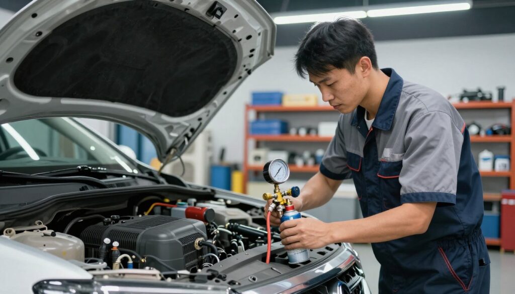 A detailed scene depicting an air conditioning service technician working on a vehicle in a professional garage setting. In the foreground, emphasize the technician in a neat uniform, carefully setting up equipment for recharge, showcasing a pressure gauge and refrigerant canister. The middle ground should feature a car with the hood open, with tools and air conditioning components visible. In the background, include shelving with spare parts and equipment related to air conditioning service, while ensuring a well-lit environment, illuminated by overhead fluorescent lights. Capture a focused atmosphere that conveys professionalism and expertise, using a slightly elevated angle for depth and clarity.