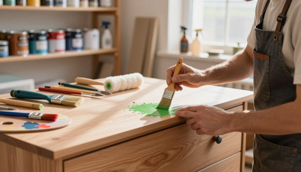 A detailed scene showing a craftsman painting veneered furniture in a well-lit workshop. In the foreground, a focused individual wearing a professional apron is using a brush to apply vibrant, eco-friendly paint to a wood veneer dresser, with splashes of color on the palette nearby. The middle of the image features various painting tools, including brushes, rollers, and a spray gun, neatly arranged on a workbench. In the background, shelves filled with different paint cans and spray bottles reflect a warm, inviting atmosphere. Soft, natural light streams through a window, casting gentle shadows, highlighting the textures of the wood and the craftsmanship. The mood is creative and inspiring, showcasing the step-by-step process of transforming furniture through painting techniques.