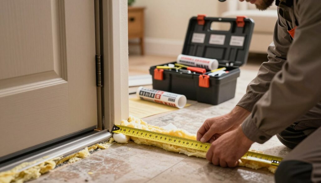 A detailed view of a front door threshold being insulated, showcasing the process of sealing and improving insulation. In the foreground, a professional technician in modest work attire applies weather stripping and foam insulation to the bottom of the door frame, carefully measuring for accuracy. The middle ground features an open toolbox with tools and materials neatly arranged, such as caulk and insulation sheets. The background reveals a cozy home environment with soft, warm lighting highlighting the door's texture and color, creating a welcoming atmosphere. The scene captures the essence of effective door insulation techniques, emphasizing the significance of a well-sealed threshold for energy efficiency.