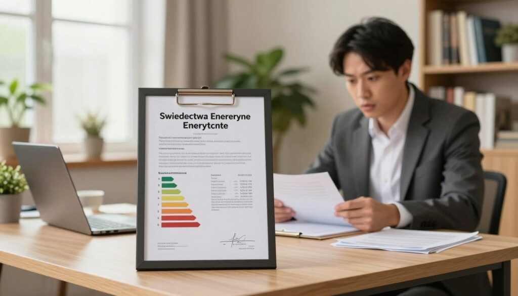 A formal setting depicting an energy performance certificate (świadectwo energetyczne) prominently displayed on a desk, surrounded by a cozy, well-lit home office. In the foreground, the certificate is detailed with numbers indicating energy efficiency, framed neatly. The middle ground features a professional in business attire, reviewing documents and discussing with a colleague, conveying a sense of urgency and responsibility. The background consists of soft, warm lighting filtering through a window, illuminating houseplants and a bookshelf filled with real estate literature. The overall atmosphere is serious yet informative, emphasizing the importance of energy certifications in real estate transactions.