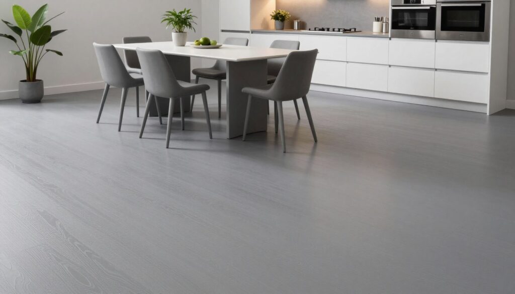 A minimalist kitchen featuring a sleek gray floor, creating a harmonious and inviting atmosphere. In the foreground, there are subtle textures of the floor that add depth, reflecting soft ambient lighting. The middle ground includes modern kitchen furniture, such as a simplistic gray or white dining table and stylish chairs, seamlessly blending with the gray tones of the floor. A few carefully placed potted plants add a splash of greenery, enhancing the cozy vibe. In the background, soft lighting illuminates white cabinetry and stainless-steel appliances, emphasizing the minimalist aesthetic. The overall composition conveys a serene, modern atmosphere, capturing the essence of a total gray look in kitchen design. The angle is slightly above eye level, offering a comprehensive view of the space.