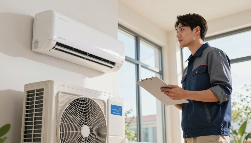 A modern air conditioning unit displayed prominently in the foreground, showcasing sleek design and energy-efficient features. In the middle ground, a professional-looking technician in smart casual attire uses a clipboard and tablet to assess the unit’s performance and power rating. The background features a bright, airy room with large windows, highlighting the contrast between indoor comfort and outdoor elements. Natural sunlight streams through the windows, casting soft shadows and creating a warm atmosphere. The mood is one of professionalism and efficiency, emphasizing the importance of selecting the right air conditioning unit for optimal performance and stability. The angle captures the unit and technician at a slight upward perspective, suggesting a focus on technological advancement and energy management. A modern air conditioning unit displayed prominently in the foreground, showcasing sleek design and energy-efficient features. In the middle ground, a professional-looking technician in smart casual attire uses a clipboard and tablet to assess the unit’s performance and power rating. The background features a bright, airy room with large windows, highlighting the contrast between indoor comfort and outdoor elements. Natural sunlight streams through the windows, casting soft shadows and creating a warm atmosphere. The mood is one of professionalism and efficiency, emphasizing the importance of selecting the right air conditioning unit for optimal performance and stability. The angle captures the unit and technician at a slight upward perspective, suggesting a focus on technological advancement and energy management.