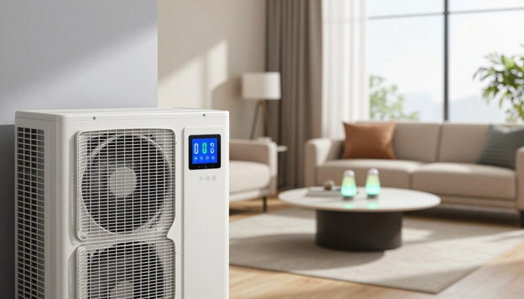 A modern air conditioning unit installed in a sleek, energy-efficient room, with a digital energy consumption monitor displayed beside it. The foreground features the air conditioning unit's grill, showcasing airflow and vents, while the middle ground captures the room's stylish furnishings, including a cozy sofa and a contemporary coffee table adorned with energy-saving LED lights. The background reveals a bright window with natural sunlight streaming in, enhancing the room's ambiance. Soft shadows are cast across the space to create depth, and the overall atmosphere is calm and professional. Use soft, diffused lighting to emphasize the sleek design elements, capturing a sense of modernity and efficiency in energy usage. A modern air conditioning unit installed in a sleek, energy-efficient room, with a digital energy consumption monitor displayed beside it. The foreground features the air conditioning unit's grill, showcasing airflow and vents, while the middle ground captures the room's stylish furnishings, including a cozy sofa and a contemporary coffee table adorned with energy-saving LED lights. The background reveals a bright window with natural sunlight streaming in, enhancing the room's ambiance. Soft shadows are cast across the space to create depth, and the overall atmosphere is calm and professional. Use soft, diffused lighting to emphasize the sleek design elements, capturing a sense of modernity and efficiency in energy usage.