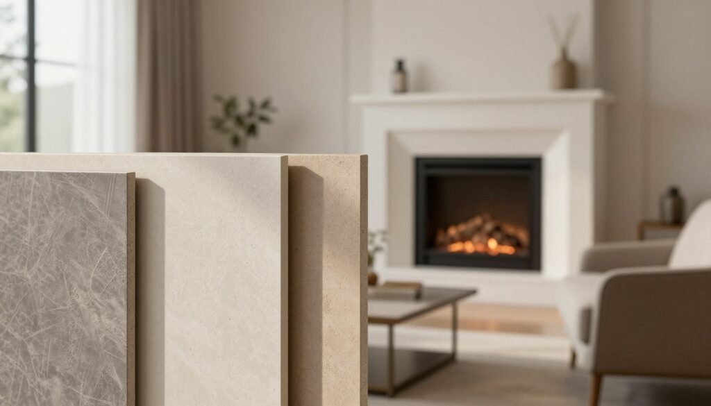 A modern and elegant fireplace adorned with calcium silicate boards, showcasing their textured surface and sleek lines. In the foreground, focus on a close-up of the boards, highlighting their unique patterns and colors, with soft shadows playing across them. The middle ground features the fireplace in a stylish, contemporary living room setting, surrounded by minimalist furniture and warm, inviting decor. A subtle glow emanates from the fireplace, enhancing the atmosphere of coziness and sophistication. The background includes a soft-focus view of a well-lit room with neutral tones, creating a peaceful ambiance. The scene conveys a sense of durability and modern design, perfect for both contemporary and classic interiors, with natural lighting from large windows casting gentle illumination.