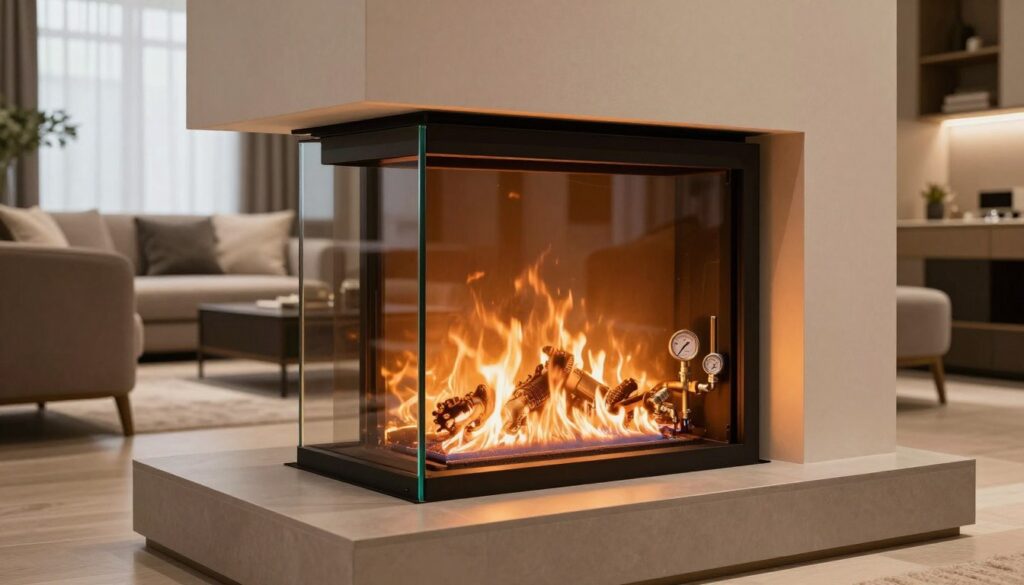 A modern, closed-loop water jacket fireplace in a contemporary home setting, showcasing its intricate safety features. In the foreground, a sleek, minimalist fireplace with a glowing flame, surrounded by a clear glass enclosure. The middle section includes visible pipes and gauges indicating water flow and temperature, demonstrating safety mechanisms. In the background, a well-lit, spacious living room with elegant furniture creates a warm, inviting atmosphere. Soft, ambient lighting enhances the cozy feel, reflecting the fireplace's warmth. The composition balances technical details with a homey vibe, emphasizing the safety and efficiency of the water jacket system. No people are present, ensuring the focus stays on the fireplace.