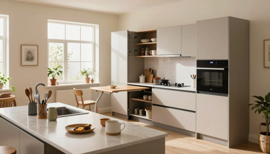 A modern, compact kitchen showcasing ergonomic solutions designed for small spaces. In the foreground, a sleek countertop with strategically placed kitchen tools and utensils arranged for easy access. The middle ground features innovative cabinetry with pull-out shelves, a foldable dining table, and multi-functional appliances that maximize efficiency. The background reveals a well-lit, cozy atmosphere with natural light streaming through a window, illuminating soft-colored walls and plants to enhance the space. The scene captures a warm, inviting mood, ideal for culinary creativity. Use a wide-angle perspective to emphasize spatial organization, and ensure the lighting is bright and refreshing, highlighting the practical yet stylish design features of the kitchen. A modern, compact kitchen showcasing ergonomic solutions designed for small spaces. In the foreground, a sleek countertop with strategically placed kitchen tools and utensils arranged for easy access. The middle ground features innovative cabinetry with pull-out shelves, a foldable dining table, and multi-functional appliances that maximize efficiency. The background reveals a well-lit, cozy atmosphere with natural light streaming through a window, illuminating soft-colored walls and plants to enhance the space. The scene captures a warm, inviting mood, ideal for culinary creativity. Use a wide-angle perspective to emphasize spatial organization, and ensure the lighting is bright and refreshing, highlighting the practical yet stylish design features of the kitchen.