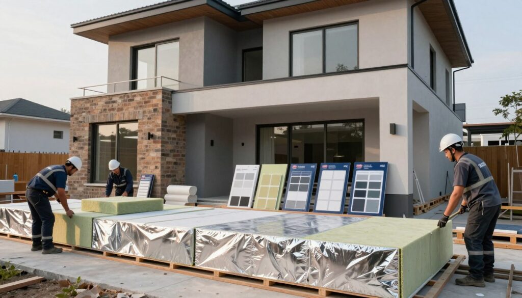 A modern construction site showcasing advanced insulation technologies, featuring high-tech materials like foam boards and reflective barriers. In the foreground, skilled workers in professional attire are installing insulation panels on a contemporary home’s exterior. The middle ground displays various insulation materials neatly arranged, including samples of insulation materials in sleek packaging. The background features a partially completed modern home with striking architecture and natural light illuminating the scene. Use soft, diffused lighting to create a sense of professionalism and innovation, with a slight angle to emphasize the action of installation. The atmosphere should feel cutting-edge and efficient, highlighting the importance of insulation technology in construction.