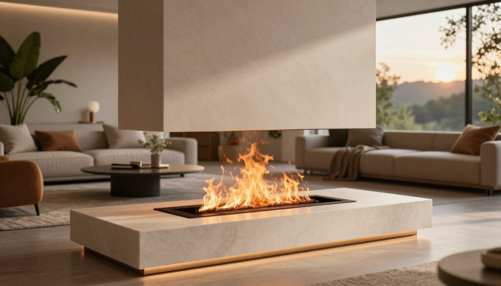 A modern, eco-friendly fireplace design, showcasing sleek lines and an innovative structure. In the foreground, a minimalist hearth with clean, polished stone and subtle wood accents, illuminated by warm, soft lighting that highlights its contemporary features. The middle ground features a modern living space, with stylish furnishings that enhance the fireplace's aesthetic, including a cozy seating area and green plants for a natural touch. In the background, large windows reveal a serene outdoor landscape, bathed in golden hour light. The atmosphere is warm and inviting, promoting a sense of sustainability and modern living, ideal for a discussion on eco-friendly heating solutions.