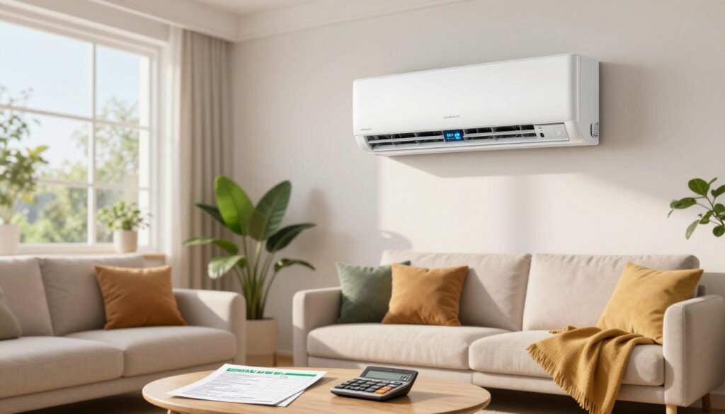 A modern, energy-efficient air conditioner mounted on a white wall in a cozy living room, showcasing the display screen showing energy consumption in kilowatts. In the foreground, a stylish coffee table with energy bill documents and a calculator. The middle area features a plush sofa and vibrant indoor plants, emphasizing comfort and homeliness. The background has a large window allowing sunlight to stream in, illuminating the space warmly. Use natural lighting with soft shadows for a welcoming atmosphere, creating a balance between relaxation and practicality. The scene captures a sense of everyday life while illustrating the concept of energy use for heating with air conditioning.