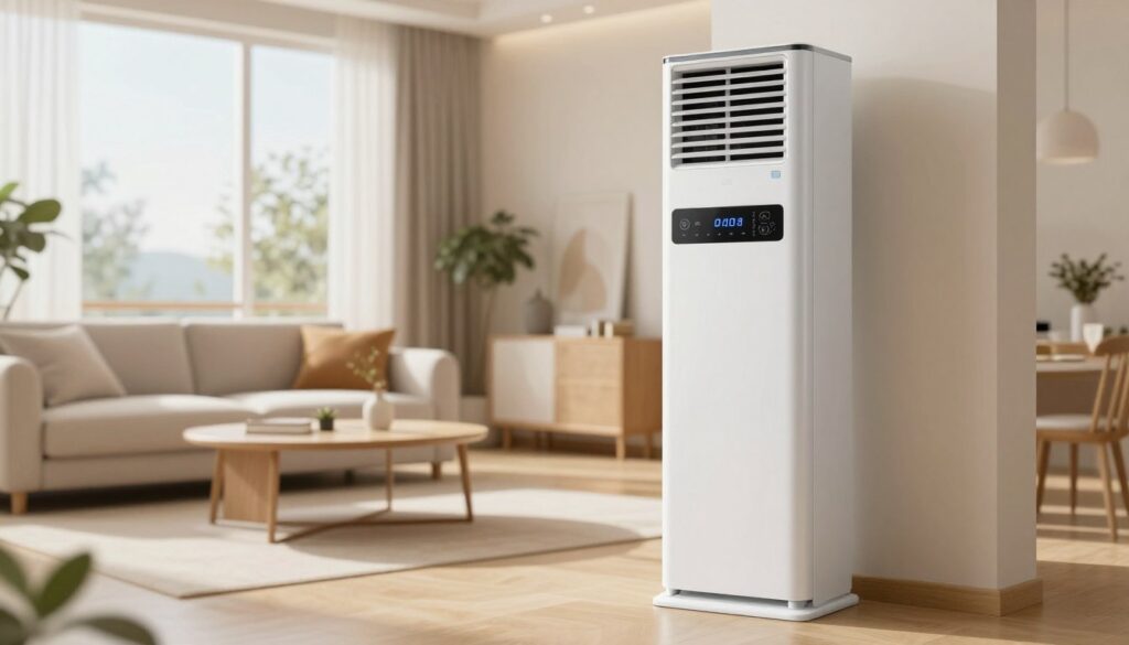 A modern, energy-efficient air conditioning unit designed for heating, prominently displayed in a brightly lit, contemporary living room. The foreground features the sleek air conditioner with a minimalist design, showcasing its features like a digital display and vents. In the midground, there are cozy furniture pieces like a modern couch and a coffee table, along with a window in the background that allows natural light to flood the room. The atmosphere should feel warm and inviting, emphasizing comfort and energy efficiency. The lighting is bright yet soft, creating a pleasant ambiance. Use a wide angle to capture the full scene, focusing on the air conditioner as the centerpiece, conveying the theme of effective home heating solutions in a stylish environment. A modern, energy-efficient air conditioning unit designed for heating, prominently displayed in a brightly lit, contemporary living room. The foreground features the sleek air conditioner with a minimalist design, showcasing its features like a digital display and vents. In the midground, there are cozy furniture pieces like a modern couch and a coffee table, along with a window in the background that allows natural light to flood the room. The atmosphere should feel warm and inviting, emphasizing comfort and energy efficiency. The lighting is bright yet soft, creating a pleasant ambiance. Use a wide angle to capture the full scene, focusing on the air conditioner as the centerpiece, conveying the theme of effective home heating solutions in a stylish environment.