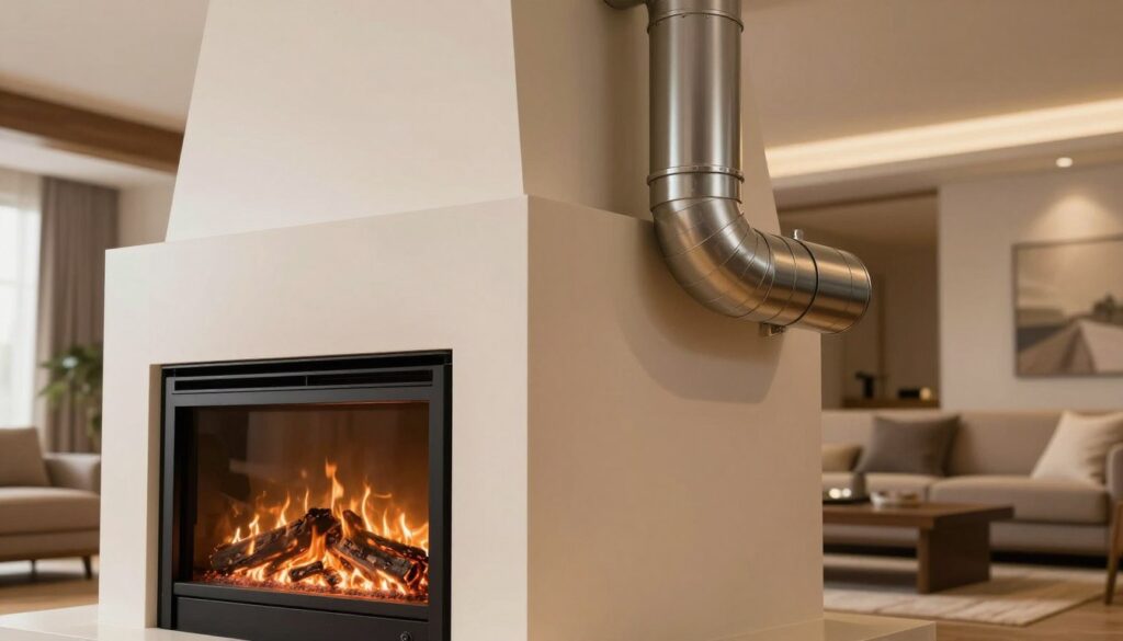 A modern fireplace connected to a chimney, showcasing efficient and safe venting design. In the foreground, clearly depict the fireplace with a sleek, contemporary finish and visible ventilation ducts. The middle ground features a well-integrated chimney, showing how it securely connects to the fireplace, with metal flues and insulation highlighted. The background should include a cozy living room atmosphere, with warm light illuminating the scene, casting soft shadows. Use a wide-angle lens to capture the entire installation from a slightly low angle, emphasizing the connection's stability and safety features. The mood should be inviting and professional, evoking a sense of warmth and technical precision without any distractions like text or watermarks.