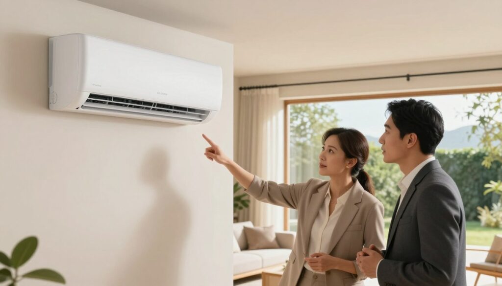 A modern home interior featuring a sleek, stylish air conditioning unit mounted on the wall. In the foreground, there are two well-dressed individuals engaged in a discussion, one pointing at the air conditioner while the other nods in agreement, both looking knowledgeable and engaged. The middle ground showcases a cozy living space with comfortable furniture and large windows letting in bright, natural light, creating a welcoming atmosphere. In the background, a lush garden is visible through the windows, emphasizing the comfort of the indoor environment. The lighting is warm and inviting, capturing a sense of harmony and professionalism, with a focus on making informed choices for home air conditioning.