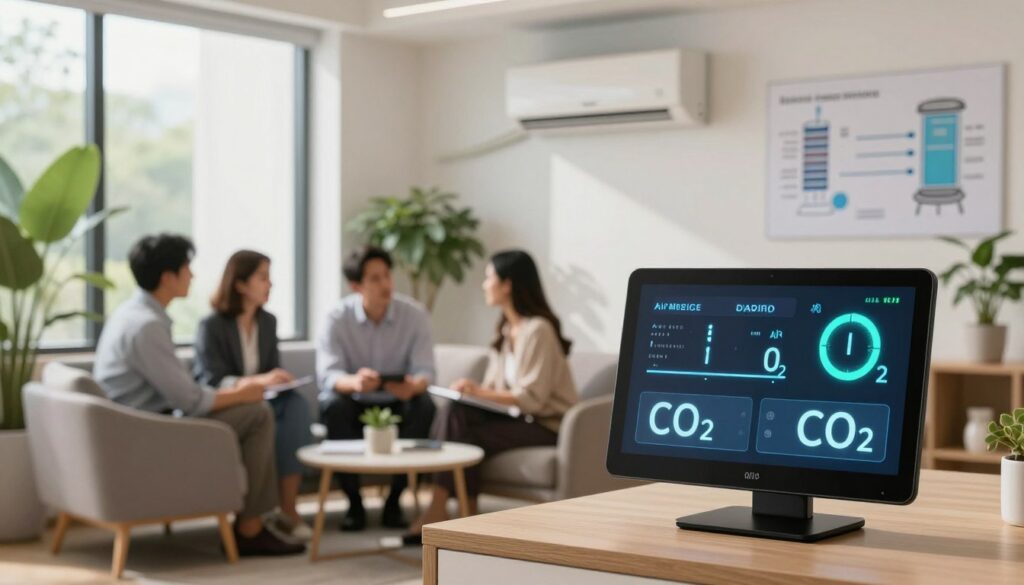 A modern indoor environment illustrating air quality parameters. In the foreground, a digital display monitor shows readings of temperature, humidity, and CO2 levels, glowing softly in a sleek design. The middle ground features a comfortable lounge area with professional individuals in business attire discussing air conditioning mechanics. Soft natural light filters through large windows, illuminating houseplants that enhance air quality. The background includes a subtly integrated air conditioning unit, with schematic diagrams of airflow and air purification technology on the walls. The atmosphere is calm and conducive to concentration, emphasizing the importance of air parameters for comfort in living spaces. The image should evoke a sense of professionalism and clarity. A modern indoor environment illustrating air quality parameters. In the foreground, a digital display monitor shows readings of temperature, humidity, and CO2 levels, glowing softly in a sleek design. The middle ground features a comfortable lounge area with professional individuals in business attire discussing air conditioning mechanics. Soft natural light filters through large windows, illuminating houseplants that enhance air quality. The background includes a subtly integrated air conditioning unit, with schematic diagrams of airflow and air purification technology on the walls. The atmosphere is calm and conducive to concentration, emphasizing the importance of air parameters for comfort in living spaces. The image should evoke a sense of professionalism and clarity.