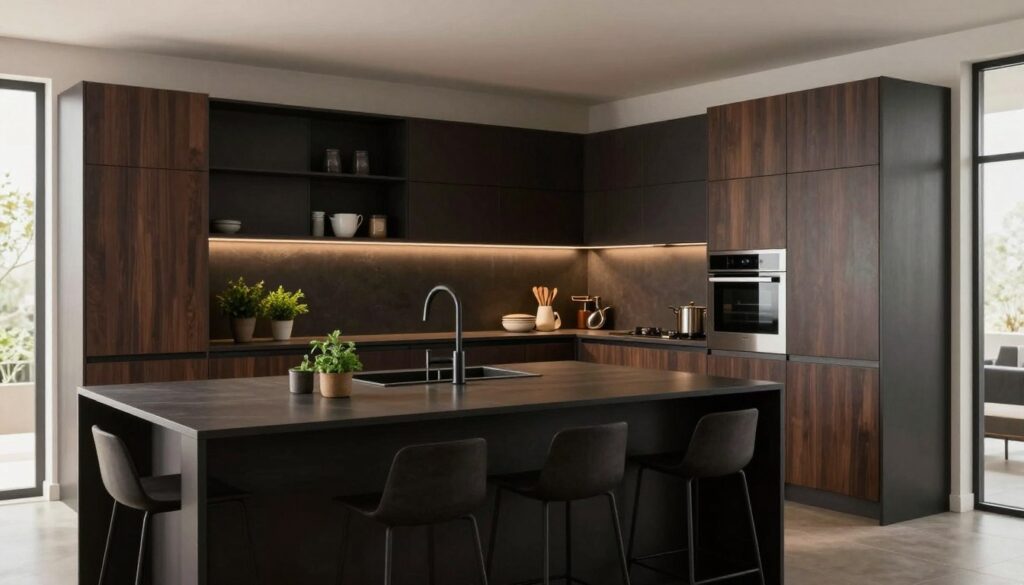 A modern kitchen featuring dark-colored cabinetry, with smooth, sleek finishes in deep charcoal and rich espresso tones. The foreground showcases an elegant kitchen island with matching dark countertops and minimalist bar stools. In the middle, open shelving reveals neatly arranged kitchenware and potted herbs, adding a touch of greenery. The background highlights a well-lit space through large windows, letting in natural light that creates subtle reflections on the surfaces. The atmosphere is warm and inviting, with soft ambient lighting emphasizing the textures and depth of the dark colors. Capture a sophisticated and contemporary look, reflecting the impact of dark hues on kitchen aesthetics, using a wide-angle lens for a spacious feeling.