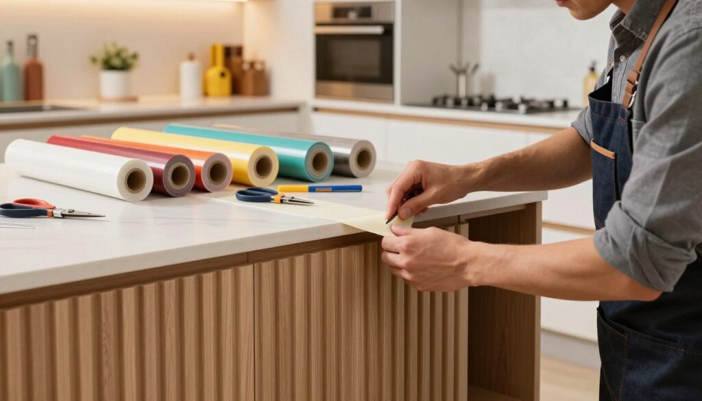 A modern kitchen featuring intricately designed kitchen furniture with grooved fronts. In the foreground, a close-up view captures a skilled artisan applying adhesive vinyl foil to the detailed grooves of a cabinet door, showcasing precision and technique. The artisan is dressed in a professional work shirt and apron, focused on the task. The middle ground reveals an array of colorful vinyl rolls neatly organized on a workbench, with tools like scissors and a smoothing tool. In the background, a well-lit kitchen with sleek appliances and vibrant decor creates a warm, inviting atmosphere. Soft, natural lighting highlights the textures of the wood and vinyl, emphasizing craftsmanship. The mood conveys dedication and professionalism, perfect for illustrating techniques for applying foil to challenging surfaces. A modern kitchen featuring intricately designed kitchen furniture with grooved fronts. In the foreground, a close-up view captures a skilled artisan applying adhesive vinyl foil to the detailed grooves of a cabinet door, showcasing precision and technique. The artisan is dressed in a professional work shirt and apron, focused on the task. The middle ground reveals an array of colorful vinyl rolls neatly organized on a workbench, with tools like scissors and a smoothing tool. In the background, a well-lit kitchen with sleek appliances and vibrant decor creates a warm, inviting atmosphere. Soft, natural lighting highlights the textures of the wood and vinyl, emphasizing craftsmanship. The mood conveys dedication and professionalism, perfect for illustrating techniques for applying foil to challenging surfaces.
