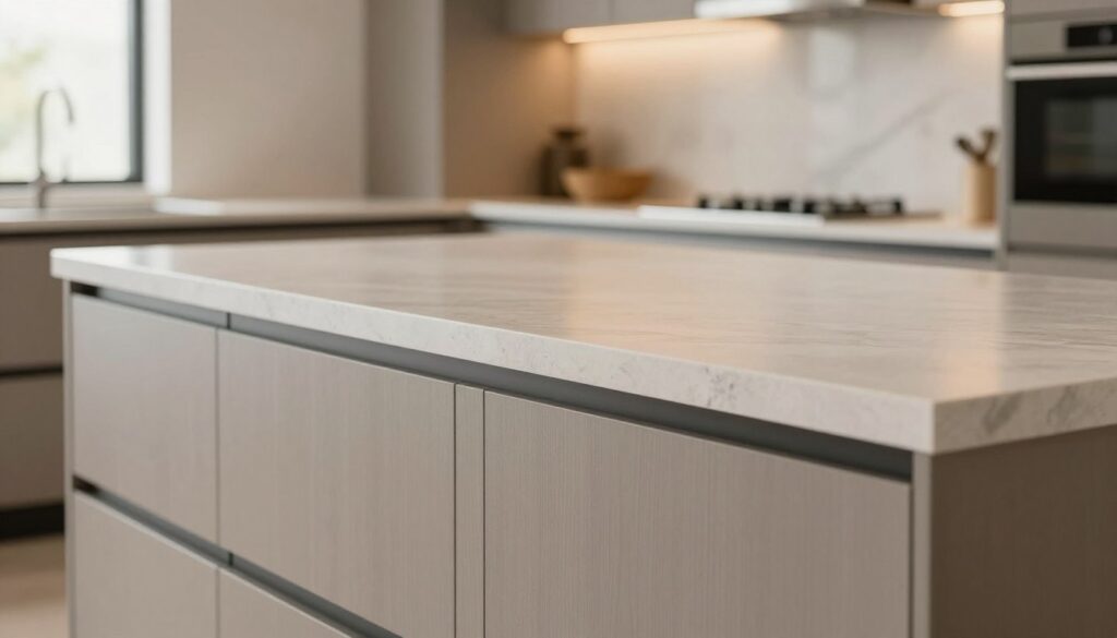 A modern kitchen interior featuring a stylish plinth beneath cabinetry, showcasing the essential role of kickboards in kitchen design. The foreground highlights sleek, well-finished cabinetry topped by elegant countertops, with a seamless fit appearing harmonious and inviting. In the middle ground, focus on the detailed plinth, emphasizing its texture and color, perhaps a subtle contrast with the cabinetry, enhancing the overall aesthetic. The background reveals softly lit kitchen elements, such as a tasteful backsplash and minimalistic appliances, creating a warm and welcoming atmosphere. Use natural, diffused lighting to accentuate the materials and craftsmanship. The image should evoke a sense of modern sophistication and functionality in kitchen design.