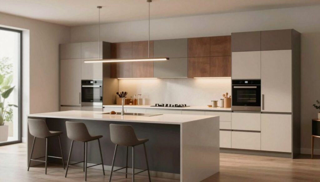 A modern kitchen interior showcasing both ready-made kitchen sets and custom-built cabinetry. In the foreground, a stylish, minimalist kitchen island with sleek high stools, polished surfaces, and elegant lighting fixtures. The middle ground features a combination of modular cabinetry in various contemporary colors and finishes, arranged symmetrically to highlight functionality and design. In the background, large windows allow natural light to flood the space, enhancing the warm, inviting atmosphere. The overall mood is one of sophistication and comfort, perfect for culinary creativity. Use a soft focus with a shallow depth of field to emphasize the kitchen elements, capturing the layout and style harmoniously. A modern kitchen interior showcasing both ready-made kitchen sets and custom-built cabinetry. In the foreground, a stylish, minimalist kitchen island with sleek high stools, polished surfaces, and elegant lighting fixtures. The middle ground features a combination of modular cabinetry in various contemporary colors and finishes, arranged symmetrically to highlight functionality and design. In the background, large windows allow natural light to flood the space, enhancing the warm, inviting atmosphere. The overall mood is one of sophistication and comfort, perfect for culinary creativity. Use a soft focus with a shallow depth of field to emphasize the kitchen elements, capturing the layout and style harmoniously.