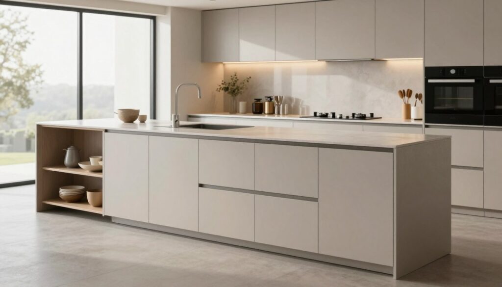 A modern kitchen showcasing alternative solutions for traditional lower cabinetry, featuring sleek, minimalist pod-style cabinets in a soft matte finish. In the foreground, a stylish pod unit with open shelving displays decorative kitchenware, while adjacent pod cabinets offer hidden storage. The middle ground includes a serene kitchen island with a polished countertop and subtle lighting that casts a warm glow, enhancing the inviting atmosphere. In the background, large windows allow natural light to stream in, reflecting off the clean lines of the cabinetry and contemporary appliances. The scene embodies a harmonious blend of functionality and aesthetic appeal, emphasizing an innovative approach to kitchen design.