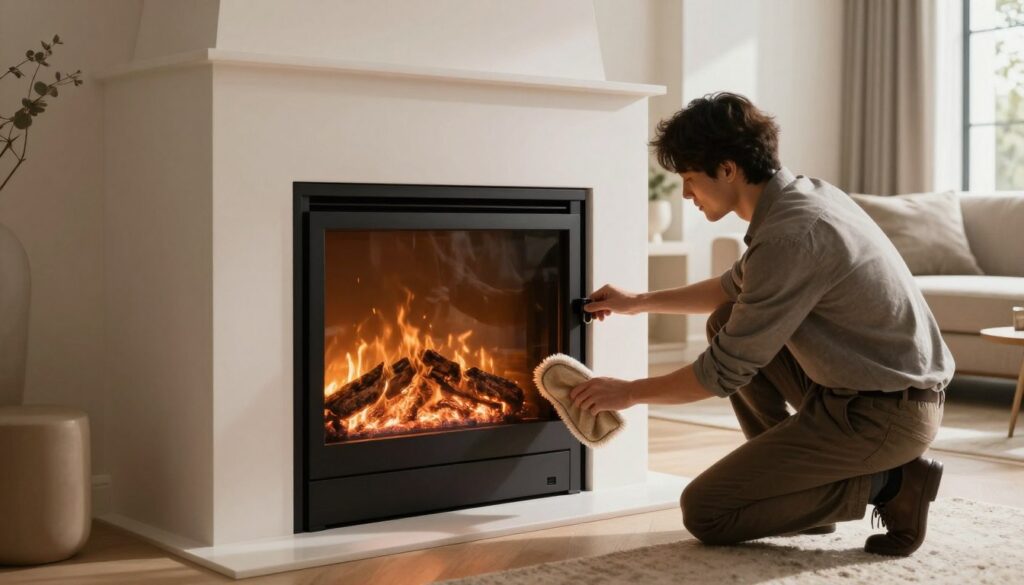 A modern living room featuring a high-efficiency water jacket fireplace, elegantly integrated into a chic interior design. In the foreground, a person dressed in smart casual attire is kneeling beside the fireplace, carefully cleaning its glass front, showcasing daily maintenance. The middle ground displays the sleek, contemporary fireplace with a warm, ambient glow emanating from inside, emphasizing the clean lines and polished materials. In the background, large windows let in natural light, highlighting the cozy atmosphere of the space with plush furniture and tasteful decorations. Soft shadows play across the room, creating a serene, inviting environment that reflects the comfort and practicality of a water jacket fireplace. The overall mood is warm and homey, inspiring a sense of care and efficiency in home upkeep.