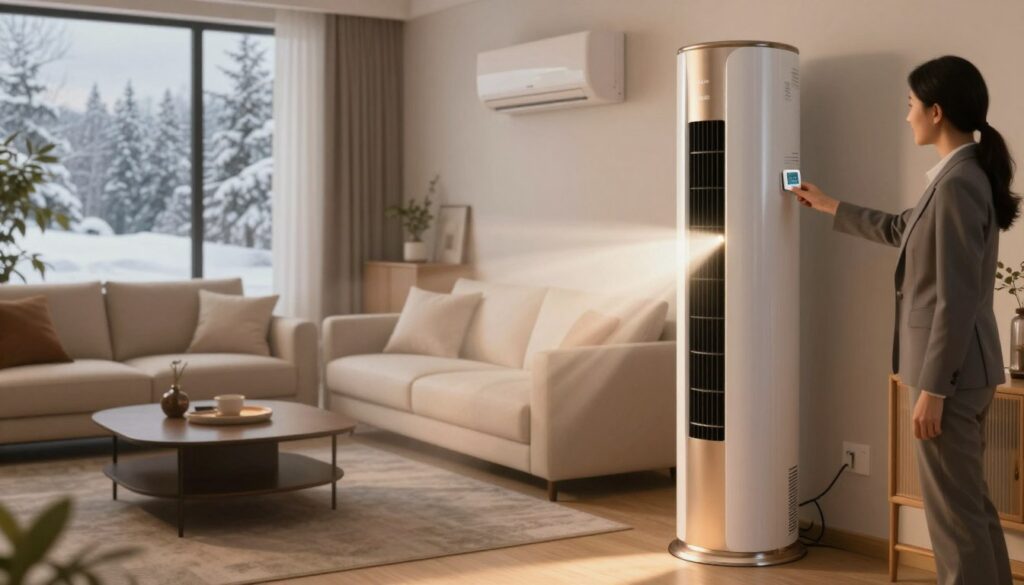 A modern living room featuring a sleek and efficient air conditioning unit being used for heating. In the foreground, the air conditioning unit is elegantly displayed with warm air softly flowing from it. In the middle ground, a cozy seating area with comfortable furniture, like a stylish sofa and a coffee table, adds a inviting atmosphere. Include a person in professional attire adjusting the thermostat, with a look of satisfaction. In the background, large windows reveal a snowy landscape outside, contrasting the warm interior. Soft, ambient lighting creates a serene yet functional mood, accentuated by a subtle warm color palette that reflects comfort and efficiency. The scene is viewed from a slightly elevated angle to capture the entire setup harmoniously.