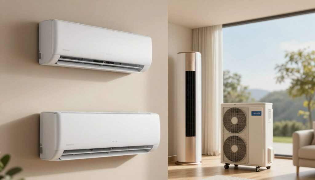 A modern living room showcasing various home air conditioning systems in a realistic setting. In the foreground, a sleek, wall-mounted air conditioning unit with a minimalist design. In the middle, an elegant floor-standing air conditioner and a stylish portable unit on wheels, both in neutral tones. A clear glass window in the background reveals a sunny outdoor scene, subtly indicating the coolness brought indoors. Soft, diffused lighting creates a warm and inviting atmosphere, while a slight vignette effect draws focus to the air conditioning systems. The angle is slightly elevated, providing a comprehensive view of the room and the cooling solutions it features. A modern living room showcasing various home air conditioning systems in a realistic setting. In the foreground, a sleek, wall-mounted air conditioning unit with a minimalist design. In the middle, an elegant floor-standing air conditioner and a stylish portable unit on wheels, both in neutral tones. A clear glass window in the background reveals a sunny outdoor scene, subtly indicating the coolness brought indoors. Soft, diffused lighting creates a warm and inviting atmosphere, while a slight vignette effect draws focus to the air conditioning systems. The angle is slightly elevated, providing a comprehensive view of the room and the cooling solutions it features.