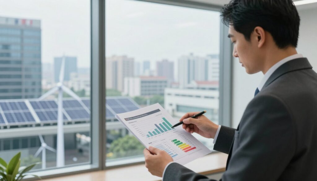 A modern office building undergoing an energy audit, featuring a professional energy auditor in business attire analyzing documents. The foreground displays the auditor examining an energy profile with graphs and charts, highlighting aspects of energy efficiency. In the middle ground, large windows reveal a view of the busy cityscape, emphasizing the building's urban environment. The background showcases solar panels and wind turbines, symbolizing sustainable energy practices. Soft natural lighting filters through the windows, creating a bright and focused atmosphere. Use a slightly elevated angle to capture the auditor's diligent work, ensuring a clear portrayal of the audit process while maintaining a professional and informative mood.