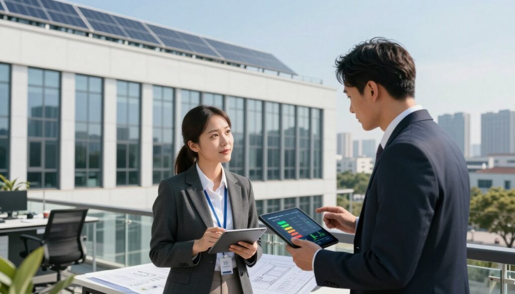 A modern office building undergoing an energy audit, showcasing professionals in business attire observing energy efficiency metrics displayed on digital tablets. In the foreground, two energy auditors discuss findings, surrounded by blueprints and energy models. The middle ground features the building's exterior, highlighting large windows and solar panels under a clear blue sky. In the background, the city skyline provides context, emphasizing the urban setting. Soft, natural lighting illuminates the scene, casting gentle shadows. The overall mood is analytical and focused, capturing the essence of energy efficiency assessments.