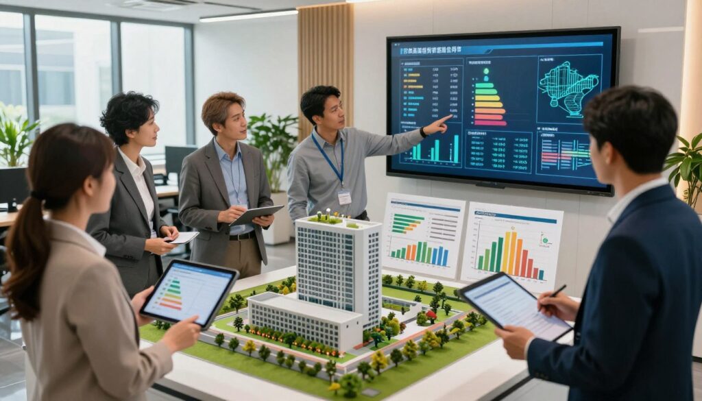 A modern office environment focused on building energy performance. In the foreground, a diverse group of professionals in business attire, including a female architect analyzing energy efficiency data on a tablet, while a male engineer points to a large digital display showing energy certification ratings and building schematics. In the middle ground, an energy-efficient building model is prominently featured, surrounded by charts and graphs illustrating energy consumption metrics. The background showcases a well-lit office with green plants and large windows allowing natural light, creating a bright and inspiring atmosphere. The lighting is soft and warm, enhancing the collaborative mood, while the camera angle is slightly elevated, capturing the teamwork and focus on energy efficiency.