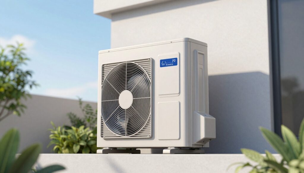 A modern outdoor air conditioning unit installed against a clean, minimalist backdrop of a contemporary building. The foreground features a sleek, metallic unit with a prominent fan, reflecting a professional aesthetic. The middle ground includes hints of a lush garden with green foliage, subtly surrounding the unit, suggestive of an efficient cooling system for residential or commercial spaces. In the background, a clear blue sky with soft, diffused sunlight enhances the inviting atmosphere. The angle captures the unit from slightly below eye level, emphasizing its robust structure and functionality. The overall mood conveys reliability and advanced technology, ideal for decision-making in choosing an air conditioning system.