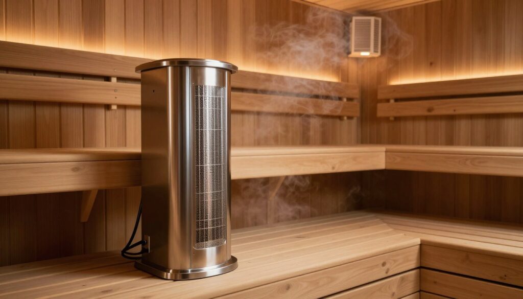 A modern sauna interior showcasing a well-installed sauna heater in the foreground, designed with sleek metal and traditional wood elements, emphasizing functionality and craftsmanship. The heater is elegantly integrated into the wall, with steam rising subtly, creating a warm, inviting atmosphere. In the middle, wooden benches are arranged to create an intimate space, accented by soft lighting that casts a cozy glow. In the background, a ventilation system is visible, discreetly designed to maintain airflow yet blend harmoniously with the sauna's aesthetics. The image should be captured from a slightly elevated angle to highlight the layout, using natural warm light to enhance the tranquil ambiance. The overall mood is serene and calming, perfect for a spa-like retreat focused on relaxation and wellness.