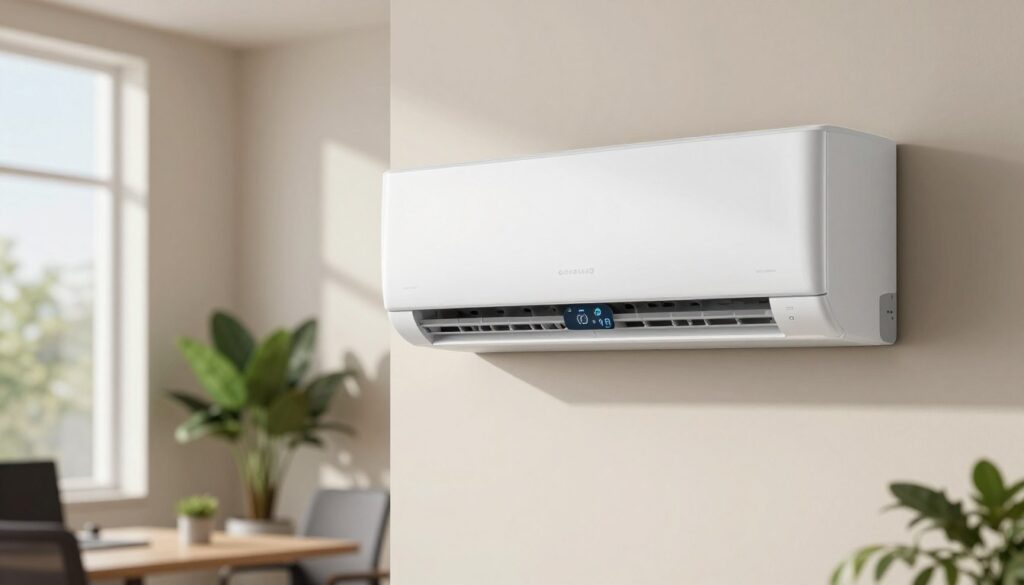 A modern, sleek air conditioner, prominently featured in the foreground, showcasing its elegant design and user-friendly interface. The air conditioner is framed against a stylish, minimalistic interior of a chic office space, with light-colored walls and contemporary furniture that suggest comfort and efficiency. Soft, natural lighting filters through large windows, casting gentle shadows that enhance the air conditioner's features. A technical display panel on the air conditioner emphasizes key parameters, such as energy efficiency rating and temperature settings, while strategically placed green plants add an eco-friendly touch to the environment. The overall mood exudes a sense of innovation and modern living, promoting a balance between comfort and energy conservation.