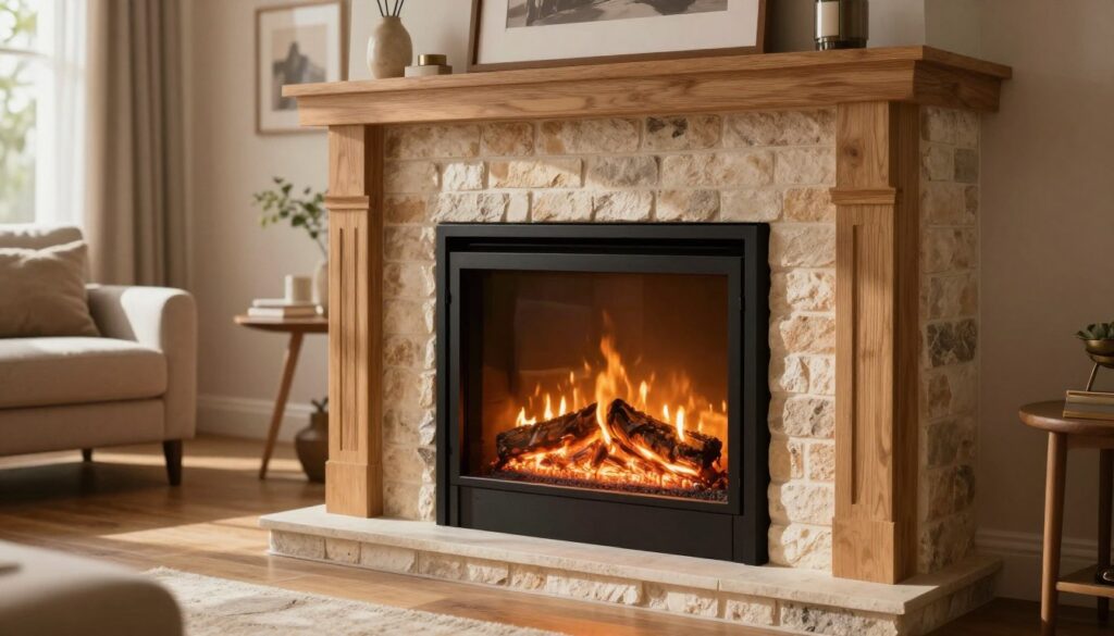 A modern, sleek fireplace insert (wkład kominkowy) is displayed prominently in a cozy living room setting. The foreground features an elegant black metal frame of the insert, showcasing glowing embers and flames in a realistic manner. In the middle, elegant stone or brick surrounds harmonize with wooden accents, creating a warm and inviting atmosphere. The background is softly lit with natural daylight filtering through a large window, enhancing the charm of the room with subtle shadows. A comfortable armchair and a small coffee table are positioned nearby, adding a homely touch. The overall mood is one of warmth and comfort, perfect for a family gathering. Utilize soft, warm lighting to enhance the inviting nature of the fireplace's glow, captured with a slight depth of field for a professional, polished image. A modern, sleek fireplace insert (wkład kominkowy) is displayed prominently in a cozy living room setting. The foreground features an elegant black metal frame of the insert, showcasing glowing embers and flames in a realistic manner. In the middle, elegant stone or brick surrounds harmonize with wooden accents, creating a warm and inviting atmosphere. The background is softly lit with natural daylight filtering through a large window, enhancing the charm of the room with subtle shadows. A comfortable armchair and a small coffee table are positioned nearby, adding a homely touch. The overall mood is one of warmth and comfort, perfect for a family gathering. Utilize soft, warm lighting to enhance the inviting nature of the fireplace's glow, captured with a slight depth of field for a professional, polished image.