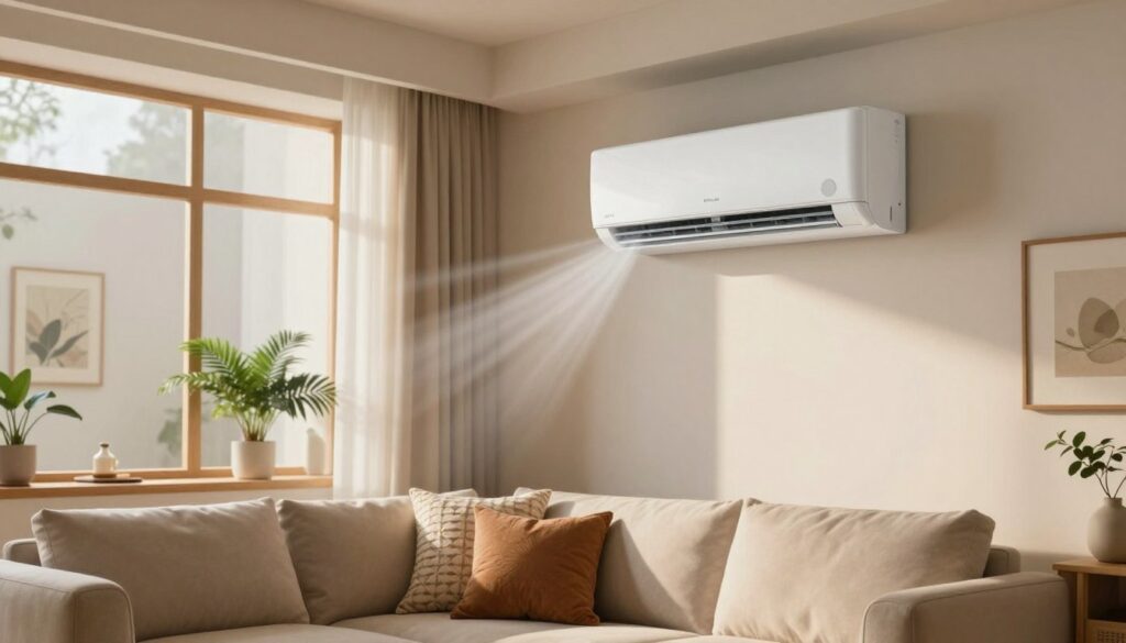 A modern, stylish living room interior showcasing a sleek, energy-efficient air conditioning unit mounted on the wall. In the foreground, a comfortable, contemporary sofa with decorative cushions. The middle ground features the air conditioning unit in operation, blowing a soft, cool breeze, creating a sense of comfort. Warm, natural light filters in through large windows, illuminating the space and enhancing the cozy atmosphere. In the background, potted plants and tasteful artwork add to the homely feel. The scene captures a sense of tranquility, emphasizing the importance of user comfort while using air conditioning, with a focus on practicality and aesthetics. The image is well-composed, with a dynamic angle that brings depth to the room, showcasing a perfectly balanced environment.