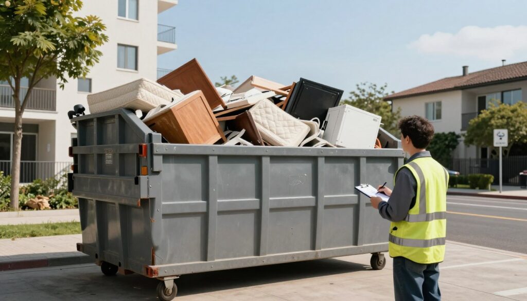 A modern urban scene featuring a large, open-top waste container filled with bulky waste items such as old furniture, discarded mattresses, and large appliances. In the foreground, a professional wearing safety gear observes the container, taking notes on a clipboard. The middle ground shows a clean street with a few trees and a nearby residential building, enhancing the urban atmosphere. In the background, a clear blue sky contrasts with the clutter of discarded items, creating a feeling of organized chaos. Soft, natural lighting casts gentle shadows, indicating a sunny day. The mood is practical and responsible, highlighting the importance of proper waste disposal for large items.