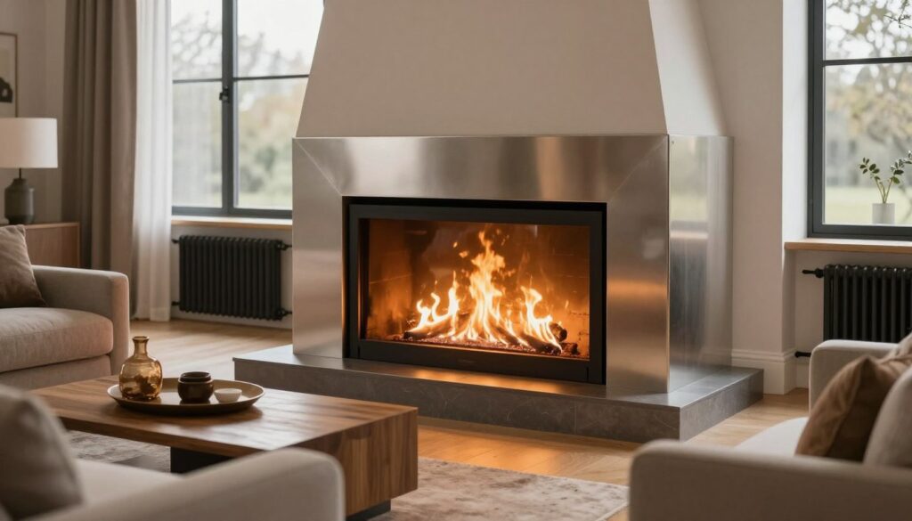 A modern water jacket fireplace as the focal point, located in a cozy, stylish living room. The fireplace, crafted from sleek steel and glass, emits a soft, warm glow, showcasing flickering flames. In the foreground, a plush sofa with neutral tones harmonizes with a wooden coffee table adorned with decorative items. In the middle, the fireplace is integrated into a sophisticated central heating setup, with visible pipes and radiators designed for optimal functionality. The background features large windows allowing natural light to flood the room, emphasizing the inviting atmosphere. The lighting is warm and inviting, with a slight focus on the fire's glow. The angle captures both the fireplace and the surrounding living space, conveying a sense of comfort and modern home heating solutions. A modern water jacket fireplace as the focal point, located in a cozy, stylish living room. The fireplace, crafted from sleek steel and glass, emits a soft, warm glow, showcasing flickering flames. In the foreground, a plush sofa with neutral tones harmonizes with a wooden coffee table adorned with decorative items. In the middle, the fireplace is integrated into a sophisticated central heating setup, with visible pipes and radiators designed for optimal functionality. The background features large windows allowing natural light to flood the room, emphasizing the inviting atmosphere. The lighting is warm and inviting, with a slight focus on the fire's glow. The angle captures both the fireplace and the surrounding living space, conveying a sense of comfort and modern home heating solutions.