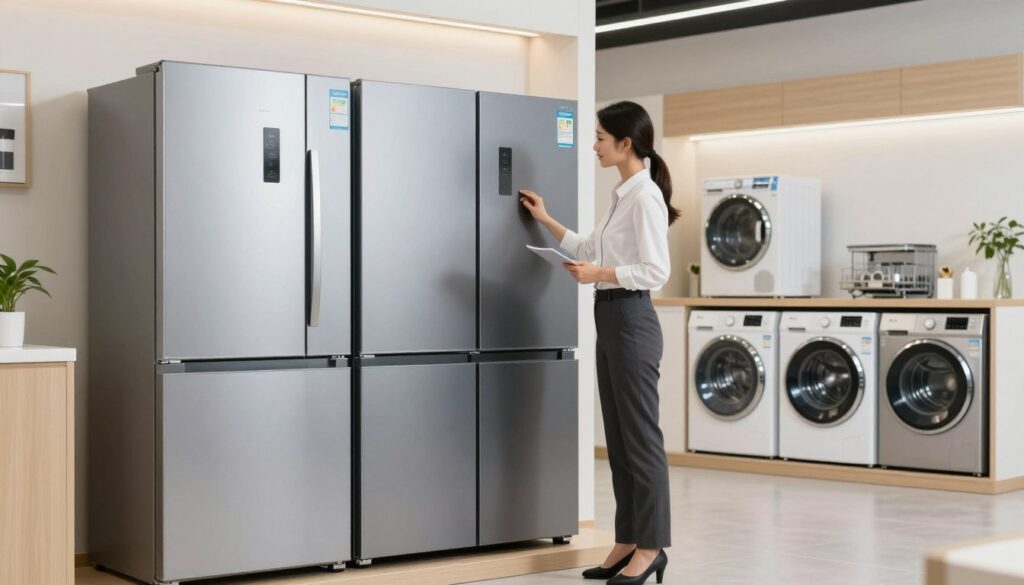 A modern, well-lit appliance showroom featuring a side-by-side comparison of energy-efficient home appliances. In the foreground, a sleek new refrigerator with an "A+++" energy rating catches the eye, while an older model beside it displays a lower energy rating. In the middle, a professional in business attire assesses the new appliance, examining the energy labels intently. The background showcases other energy-efficient devices like washing machines and dishwashers, arranged neatly under soft, bright lighting that emphasizes their modern design. The atmosphere conveys a sense of optimism and progress towards sustainability, encouraging viewers to consider upgrading their old appliances for better efficiency and reduced energy bills.