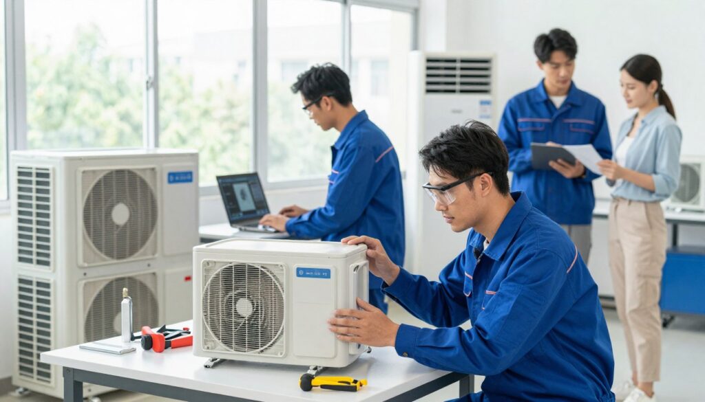 A professional air conditioning repair workshop, featuring technicians working on advanced HVAC equipment. In the foreground, a technician in a blue uniform and safety goggles inspects an air conditioning unit on a workbench, with tools and parts neatly organized around him. In the middle ground, another technician is checking diagnostics on a laptop connected to an air conditioning system, while a third technician is in the background, discussing warranty options with a customer. The setting is bright and well-lit, with natural daylight streaming through large windows, creating a clean and professional atmosphere. The image captures the essence of a skilled environment focused on service and expertise in air conditioning repair.