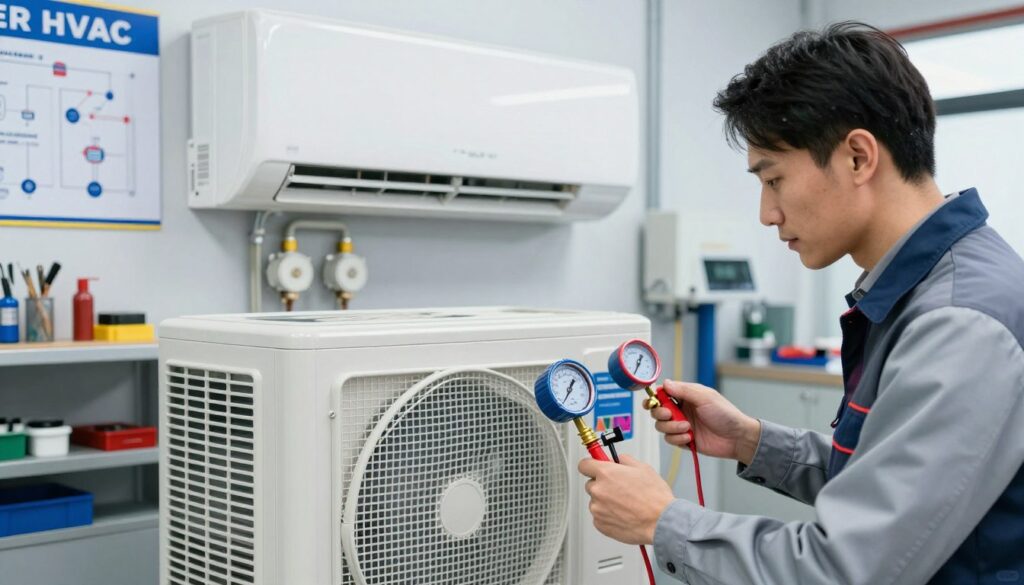 A professional air conditioning service scene showcasing a technician in business attire, examining a climate control unit. In the foreground, the technician is using diagnostic tools, such as a pressure gauge, while looking intently at the system's gauges. The middle layer features the air conditioning unit, sleek and modern, with visible refrigerant lines and sensors. The background shows a well-lit service workshop with tools, equipment, and a large service poster on the wall displaying HVAC (heating, ventilation, and air conditioning) diagrams. The lighting is bright and focused, creating a clean and professional atmosphere. The image evokes trust and expertise in air conditioning diagnostics.