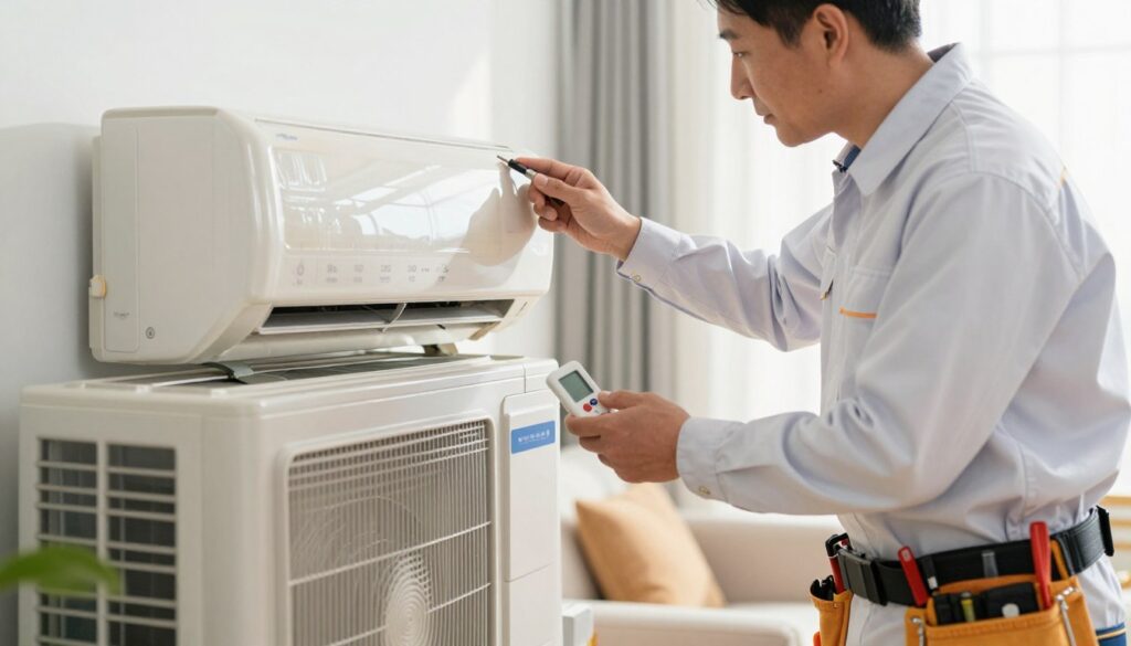 A professional air conditioning service technician in a crisp, clean uniform is inspecting an indoor air conditioning unit in a bright, well-lit room. The technician, a middle-aged person of Asian descent, holds tools in one hand while carefully checking the system's settings with the other. In the foreground, there are tools like a digital thermometer and a tool belt, emphasizing the importance of maintenance. In the middle ground, the air conditioning unit displays clear indicators and settings for heating mode. The background is a home environment, featuring a cozy living room with soft sunlight streaming through a nearby window, creating a warm atmosphere that highlights the importance of regular service for efficient heating technology. The image should have a soft focus to enhance the intimate, professional feel. A professional air conditioning service technician in a crisp, clean uniform is inspecting an indoor air conditioning unit in a bright, well-lit room. The technician, a middle-aged person of Asian descent, holds tools in one hand while carefully checking the system's settings with the other. In the foreground, there are tools like a digital thermometer and a tool belt, emphasizing the importance of maintenance. In the middle ground, the air conditioning unit displays clear indicators and settings for heating mode. The background is a home environment, featuring a cozy living room with soft sunlight streaming through a nearby window, creating a warm atmosphere that highlights the importance of regular service for efficient heating technology. The image should have a soft focus to enhance the intimate, professional feel.