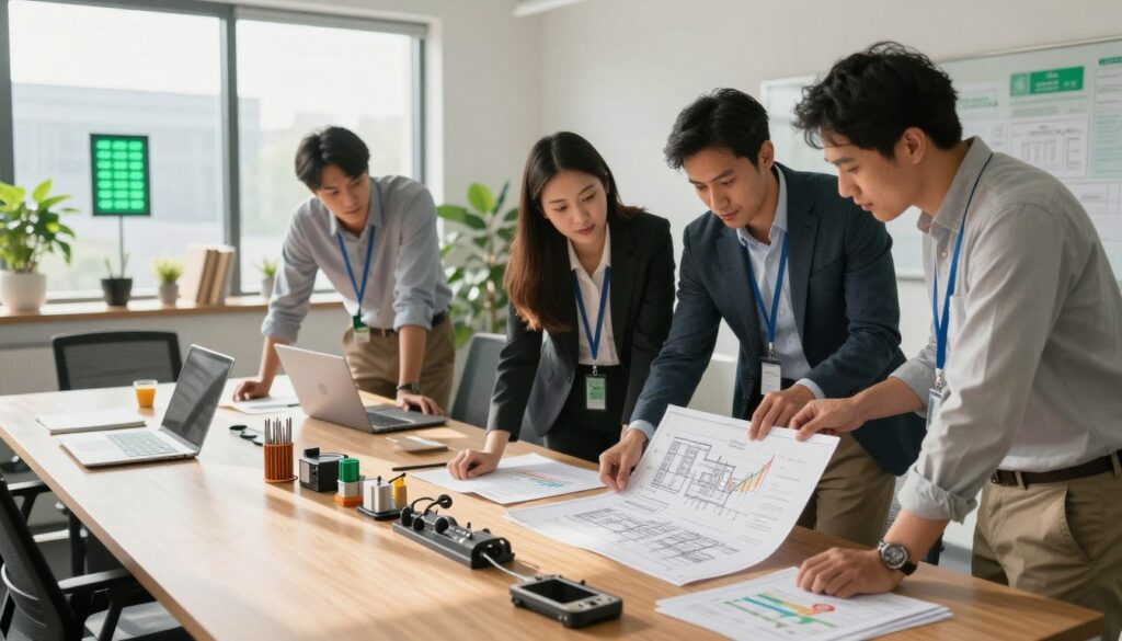 A professional and detailed energy audit scene capturing a modern office environment. In the foreground, a diverse group of three professionals, including a woman in a business suit and two men in smart casual attire, intently examining blueprints of a building with charts and graphs depicting energy usage. The middle ground features a large conference table cluttered with laptops, papers, and energy efficiency tools. In the background, large windows allow natural light to flood the space, framed by potted plants and energy-saving displays. A warm, focused atmosphere highlights collaboration and urgency, with soft shadows casting across the table. Use a wide-angle lens to showcase the spatial dynamics of the room and emphasize the individuals’ engagement in their task. A professional and detailed energy audit scene capturing a modern office environment. In the foreground, a diverse group of three professionals, including a woman in a business suit and two men in smart casual attire, intently examining blueprints of a building with charts and graphs depicting energy usage. The middle ground features a large conference table cluttered with laptops, papers, and energy efficiency tools. In the background, large windows allow natural light to flood the space, framed by potted plants and energy-saving displays. A warm, focused atmosphere highlights collaboration and urgency, with soft shadows casting across the table. Use a wide-angle lens to showcase the spatial dynamics of the room and emphasize the individuals’ engagement in their task.