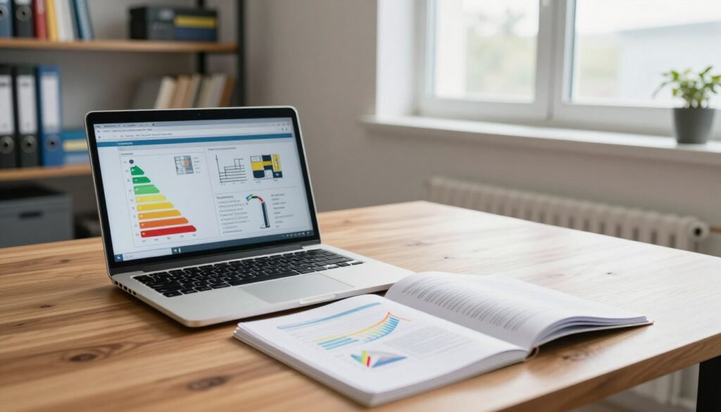 A professional and organized office environment showcasing technical data for an energy audit. In the foreground, a polished wooden desk with a laptop displaying charts and graphs related to energy efficiency. A technical document featuring specifications and requirements, including diagrams for HVAC systems, insulation data, and energy consumption metrics, is open next to the laptop. In the middle ground, a window with natural light streaming in, illuminating the room and casting soft shadows. In the background, shelves filled with engineering textbooks and energy assessment tools, creating an atmosphere of expertise. The mood should feel focused and informative, indicative of a serious audit preparation scene. Ensure no human figures are present in the composition.